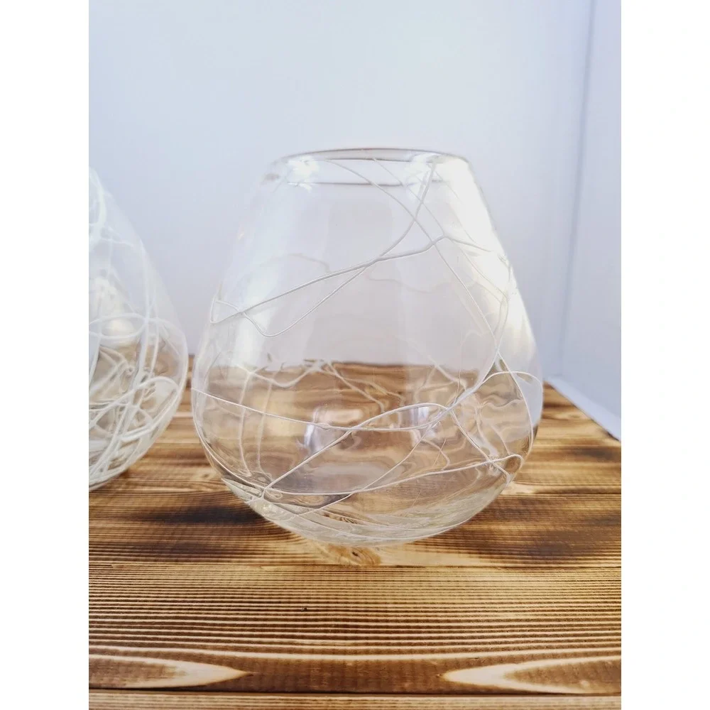 Set of 2 Lg‎ Hand Blown Glass White Spaghetti Drizzle Votive Candle Holder 6